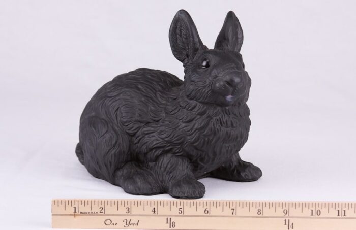 Black bunny rabbit cremation urn figurine, with ruler