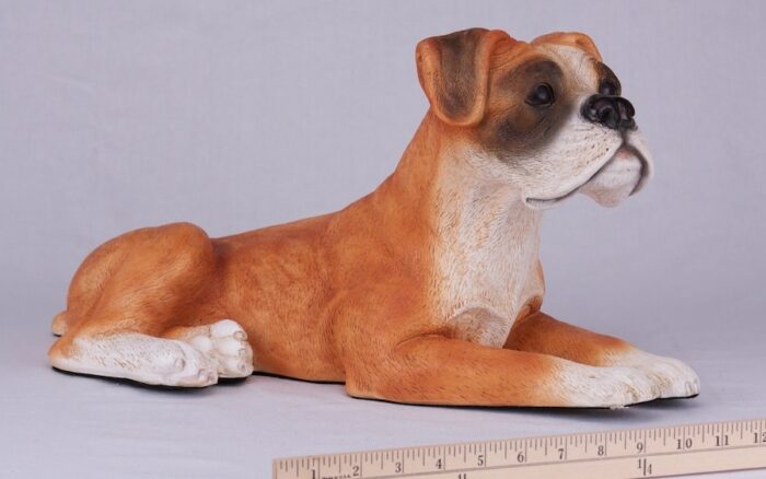 Boxer pet dog cremation urn figurine, with ruler