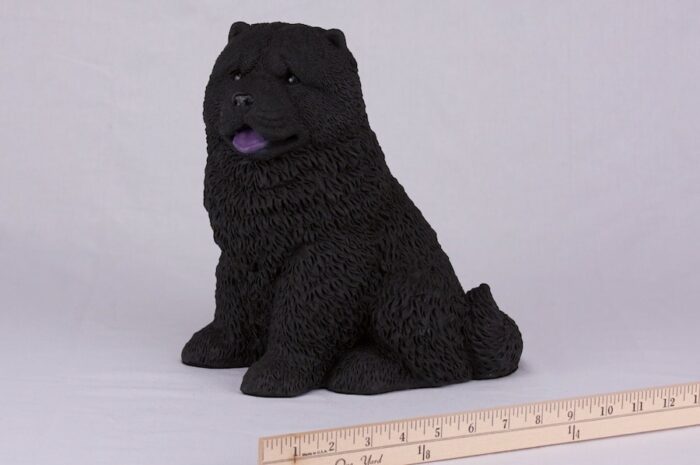 Black Chow pet dog cremation urn figurine, with ruler