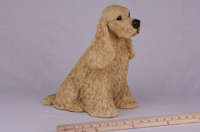 Buff Cocker Spaniel pet dog cremation urn figurine, with ruler