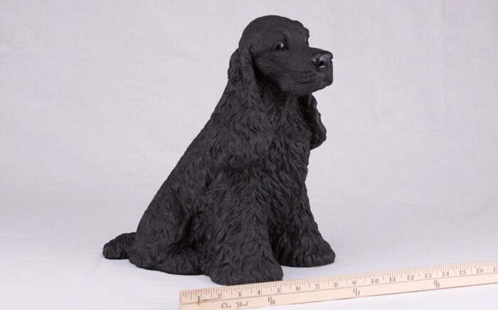 Black Cocker Spaniel pet dog cremation urn figurine, with ruler