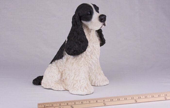 Cocker Spaniel pet dog cremation urn figurine, with ruler
