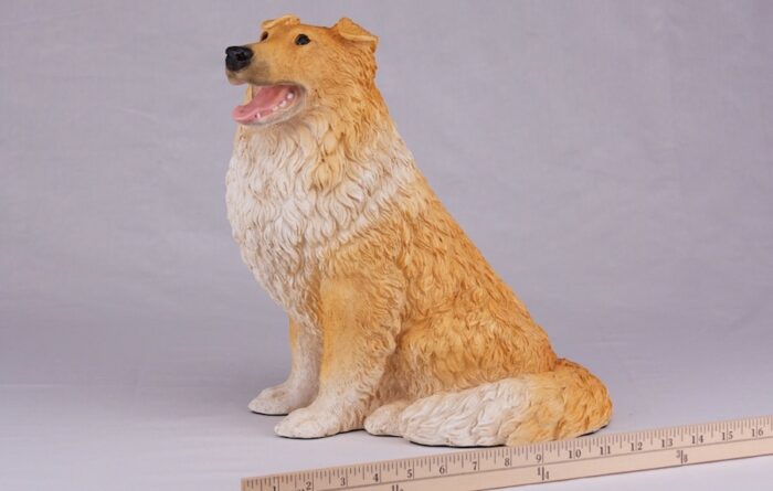 Collie pet dog cremation urn figurine, with ruler