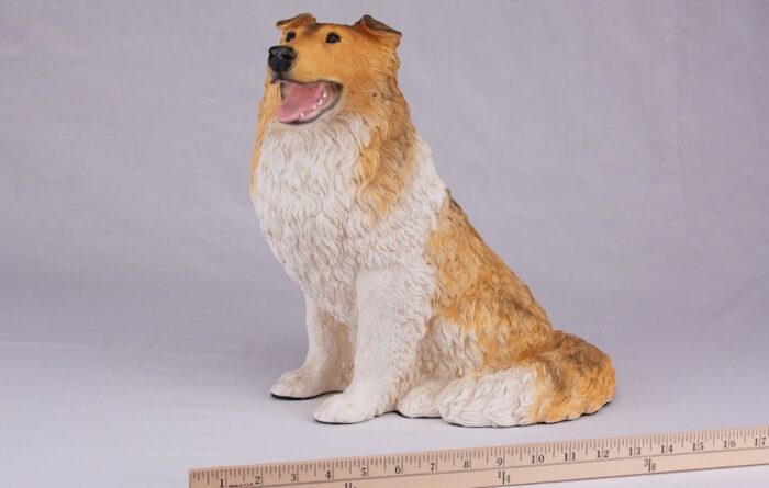 Collie pet dog cremation urn figurine, with ruler