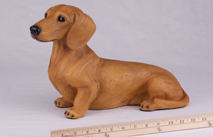 Dachshund pet dog cremation urn figurine, with ruler