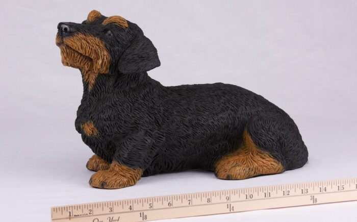 Dachshund pet dog cremation urn figurine, with ruler