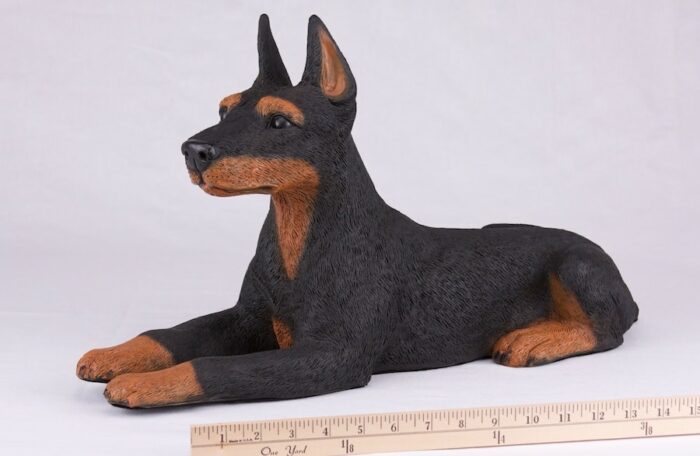 Doberman Pinscher pet dog cremation urn figurine, with ruler