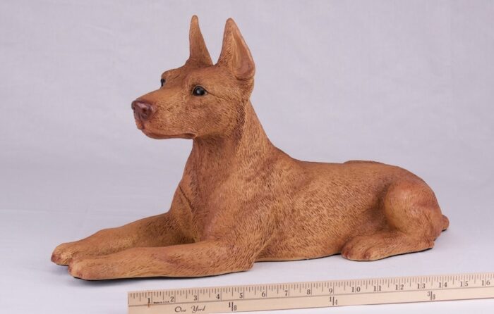 Doberman Pinscher pet dog cremation urn figurine, with ruler