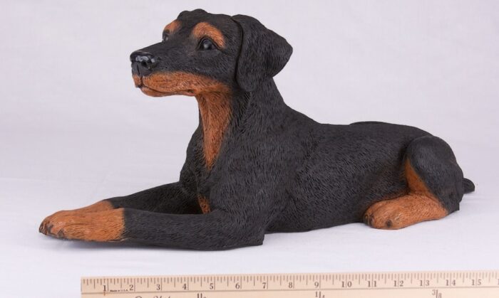 Doberman Pinscher pet dog cremation urn figurine, with ruler