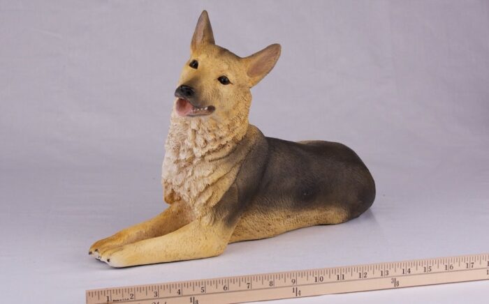 German Shepherd pet dog cremation urn figurine, with ruler