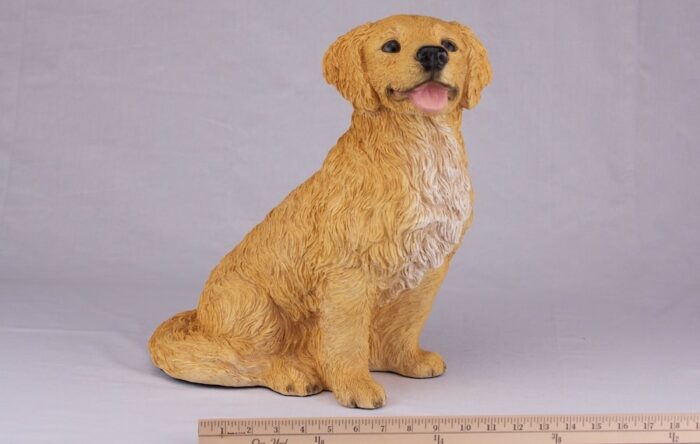 Golden Retriever pet dog cremation urn figurine, with ruler