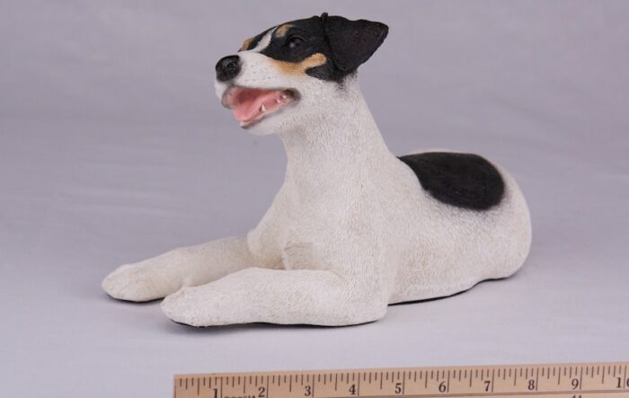 Jack Russell pet dog cremation urn figurine, with ruler