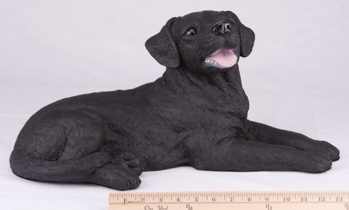 Black Lab Labrador Retriever pet dog cremation urn figurine, with ruler