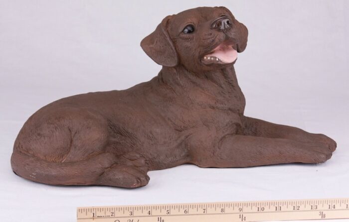 Chocolate Lab Labrador Retriever pet dog cremation urn figurine, with ruler