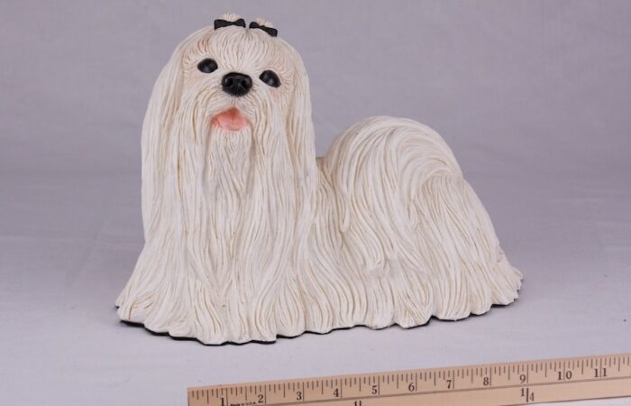 Maltese pet dog cremation urn figurine, with ruler