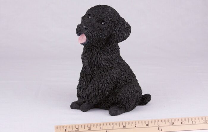 Black Poodle pet dog cremation urn figurine, with ruler