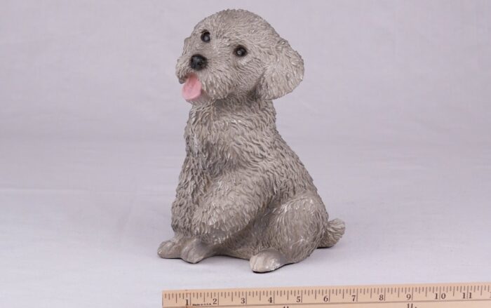 Gray Poodle pet dog cremation urn figurine, with ruler