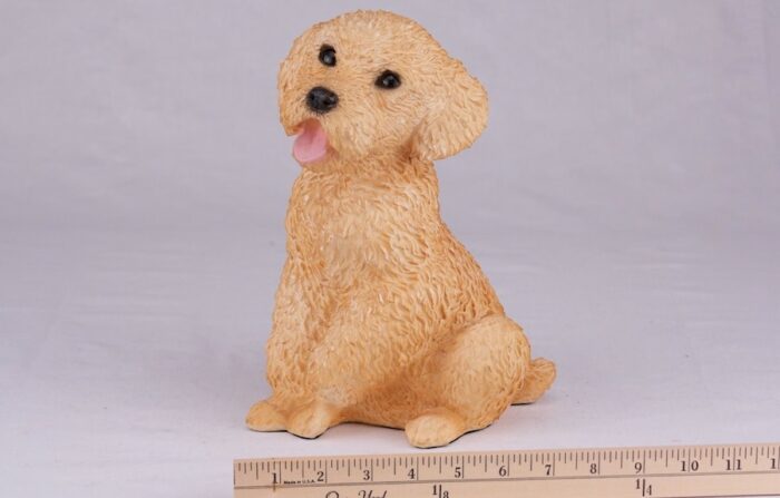 Tan Poodle pet dog cremation urn figurine, with ruler