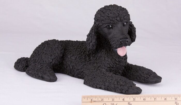 Black Poodle pet dog cremation urn figurine, with ruler