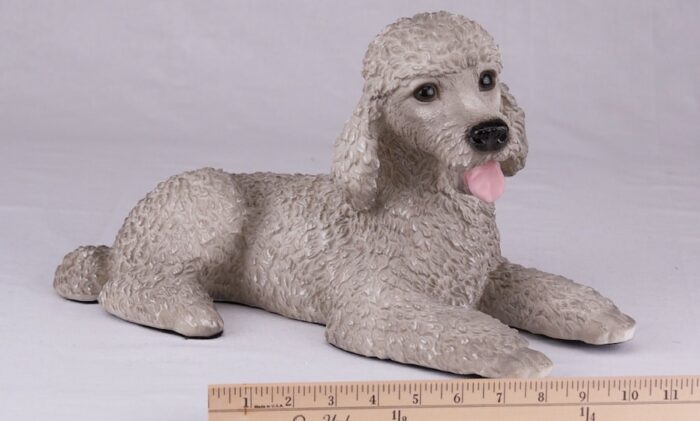 Poodle pet dog cremation urn figurine, with ruler