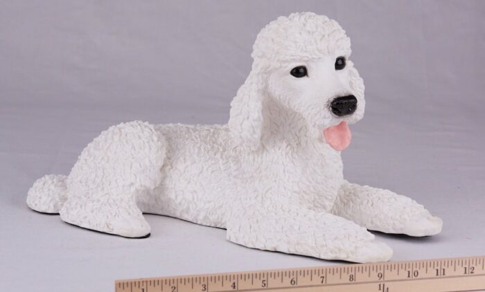 White Poodle pet dog cremation urn figurine, with ruler