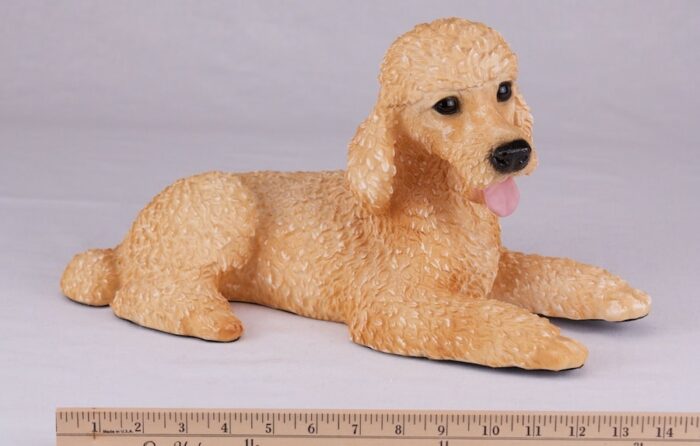 Tan Poodle pet dog cremation urn figurine, with ruler