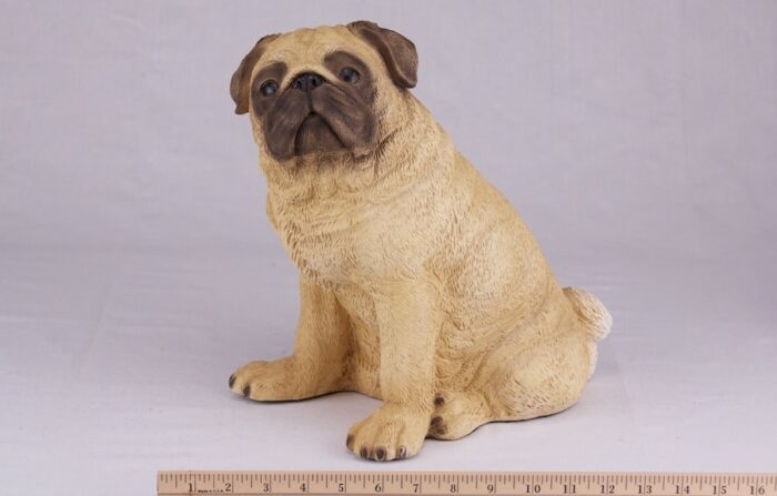 Pug pet dog cremation urn figurine, with ruler