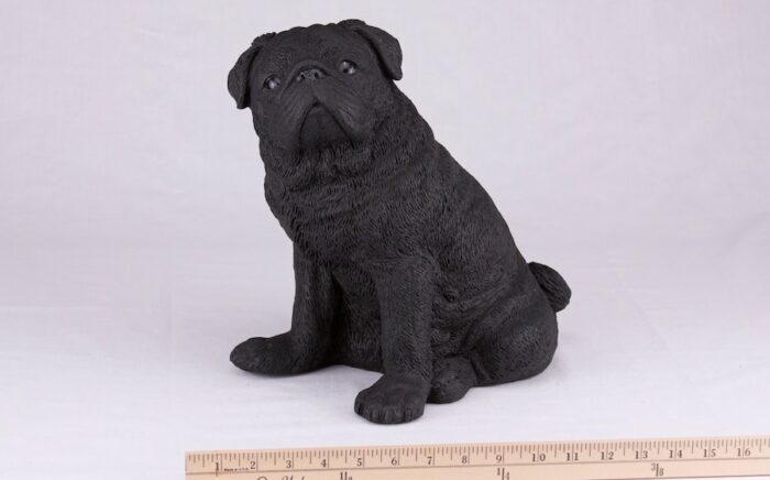 Black Pug pet dog cremation urn figurine, with ruler