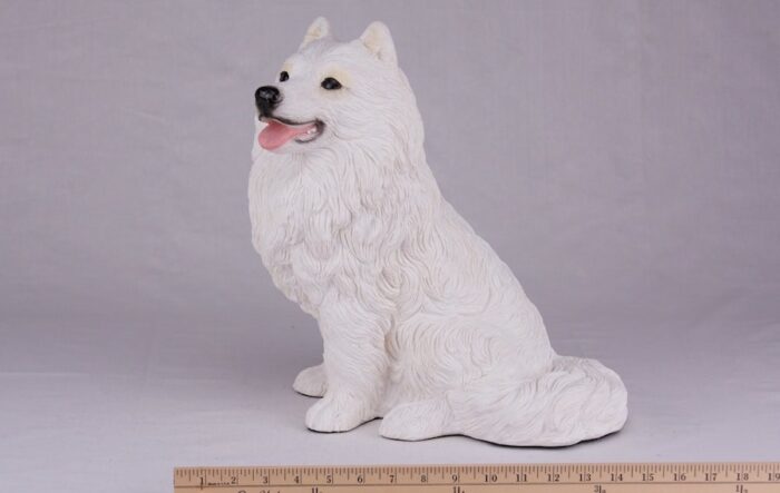 Samoyed pet dog cremation urn figurine, with ruler