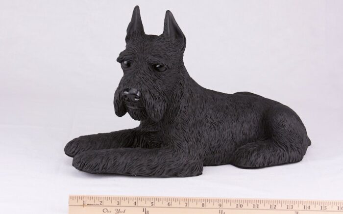 Schnauzer pet dog cremation urn figurine, with ruler