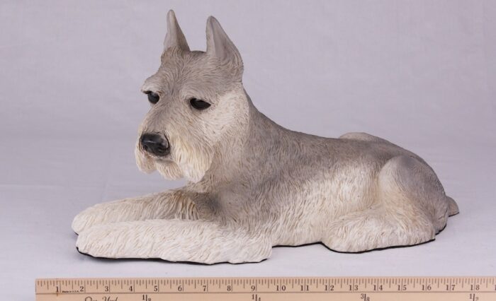 Schnauzer pet dog cremation urn figurine, ears up, with ruler