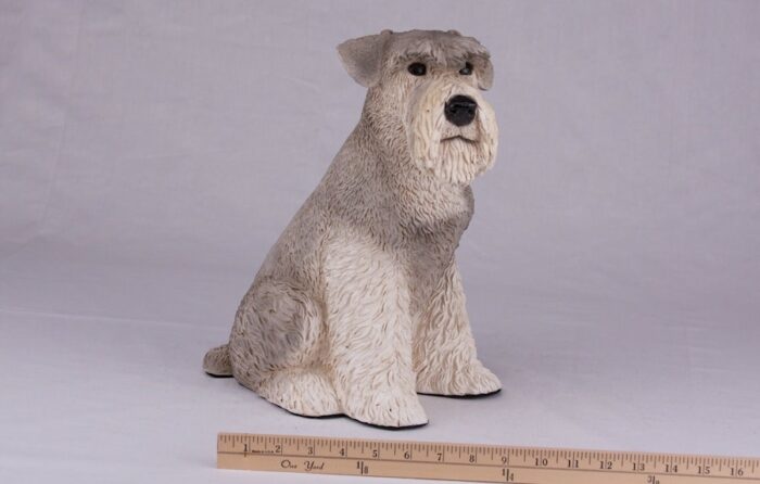 Schnauzer pet dog cremation urn figurine, with ruler