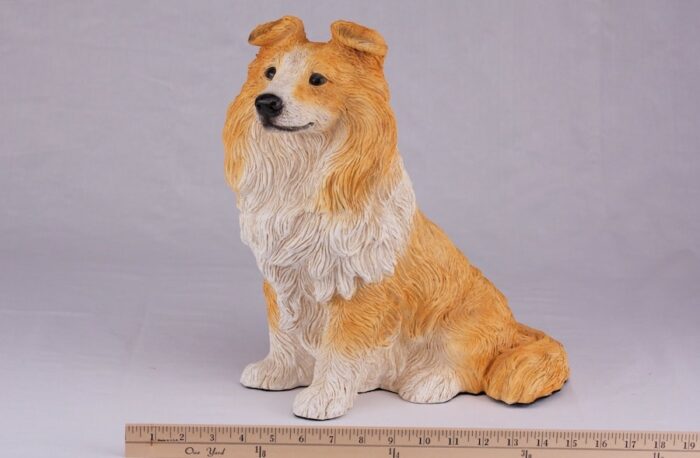 Shetland Sheepdog Sheltie pet dog cremation urn figurine, with ruler