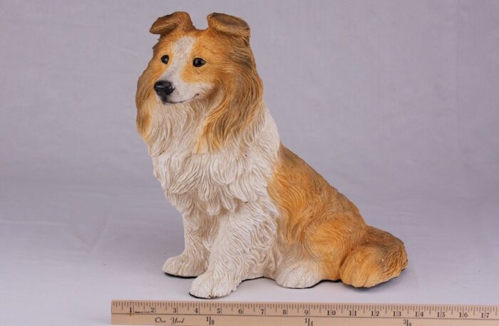 Shetland Sheepdog Sheltie pet dog cremation urn figurine, with ruler