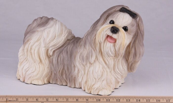 Shih Tzu pet dog cremation urn figurine, with ruler