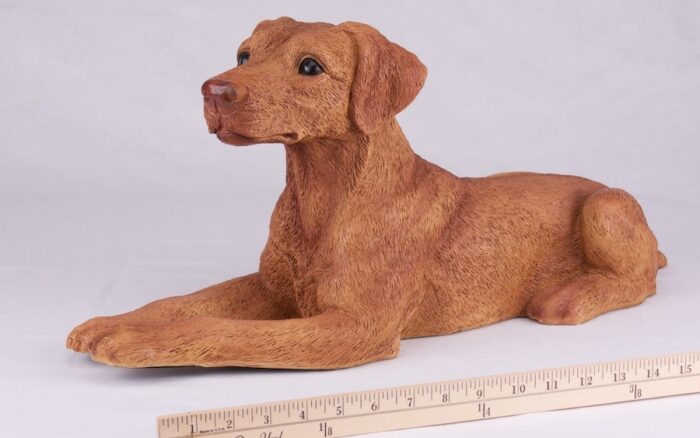 Vizsla pet dog cremation urn figurine, with ruler