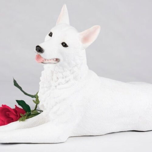 White German Shepherd pet dog cremation urn figurine