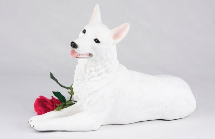 White German Shepherd pet dog cremation urn figurine