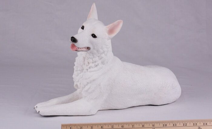 White German Shepherd pet dog cremation urn figurine, with ruler