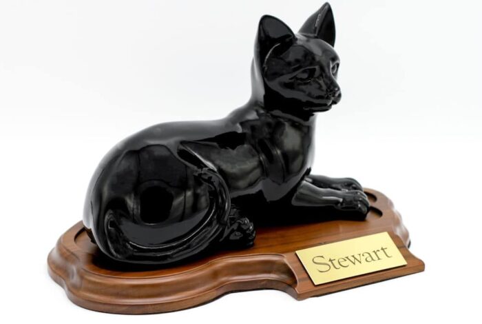 Faithful feline porcelain style cat cremation urn, laying, black, with base