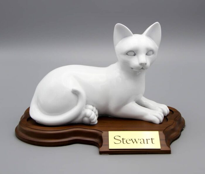 Faithful feline porcelain style cat cremation urn, laying, white, with base