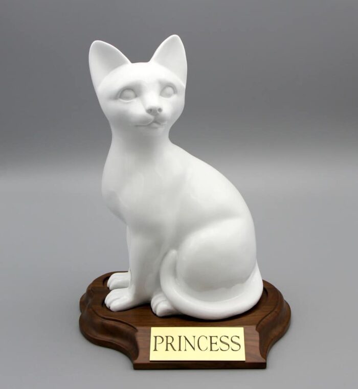 Faithful feline porcelain style cat cremation urn, sitting, white, with base