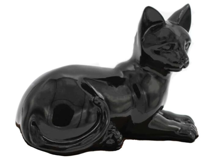 Black porcelain style cat cremation urn, laying