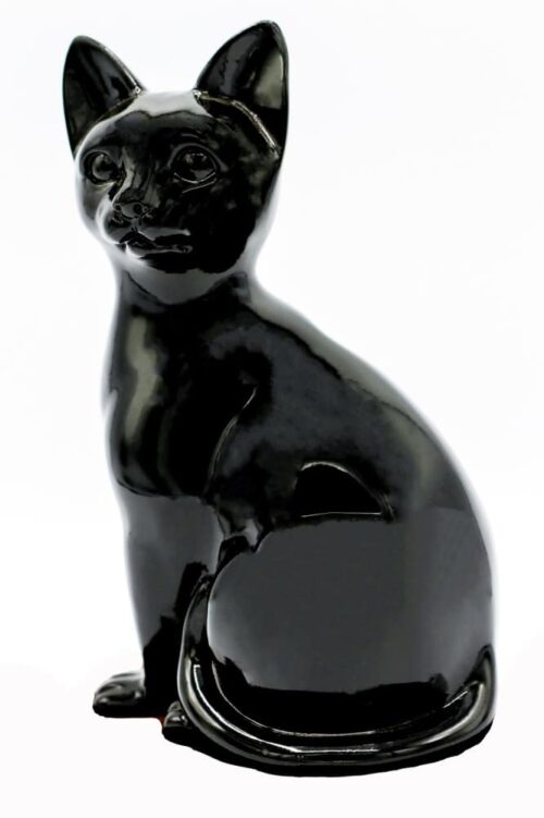 Black porcelain style cat cremation urn, sitting