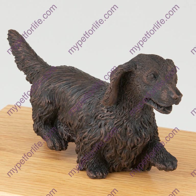 Bronze look Dachshund cremation figurine urn w/wooden storage box