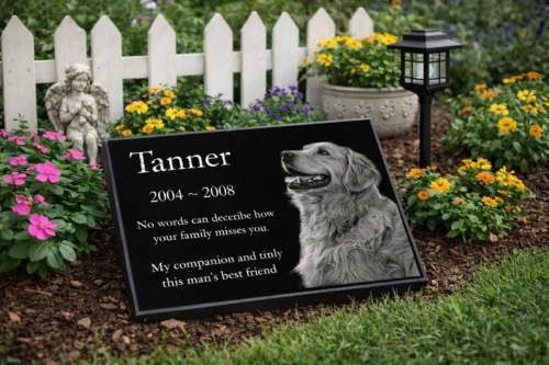 Granite headstone for pet, in yard/garden setting, with engraved dog photo
