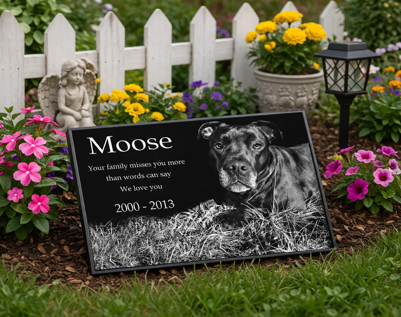 Granite headstone for pet, in yard/garden setting