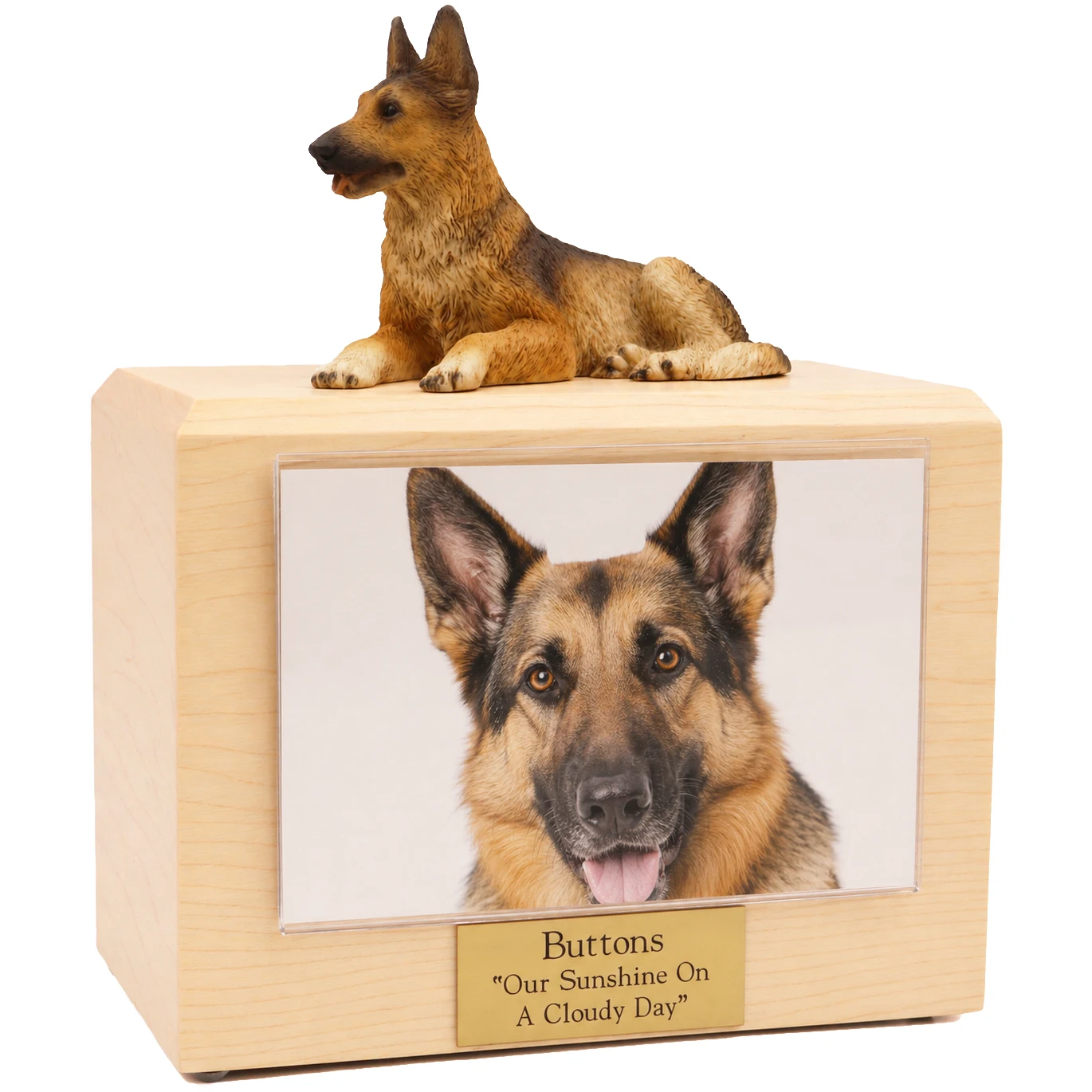 Memorial photo holder cremation urn with laying German Shepherd dog figurine, maple finish