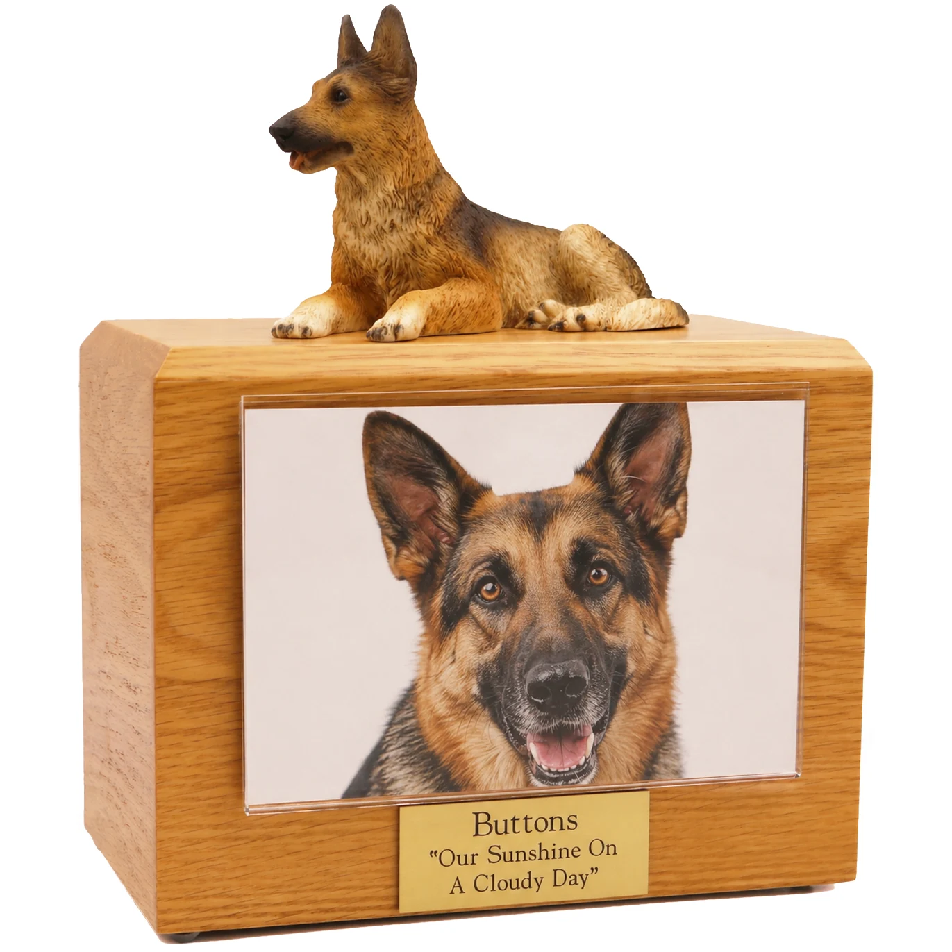 Memorial photo holder cremation urn with laying German Shepherd dog figurine, oak finish