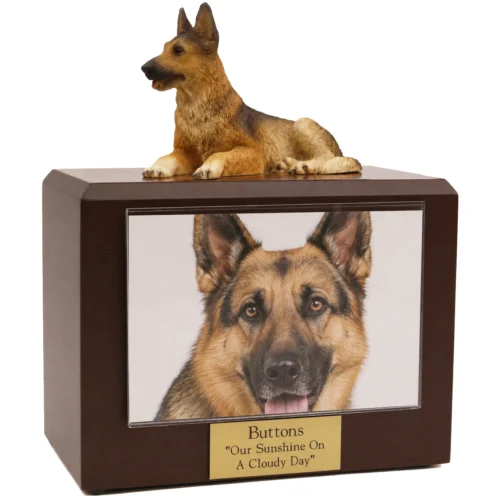 Memorial photo holder cremation urn with laying German Shepherd dog figurine, walnut finish